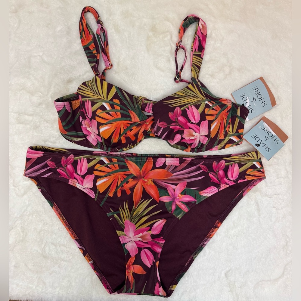 Shade & Shore Burgundy Tropical Floral 2-piece Bikini, Bottoms L, Top 36C - Picture 2 of 8